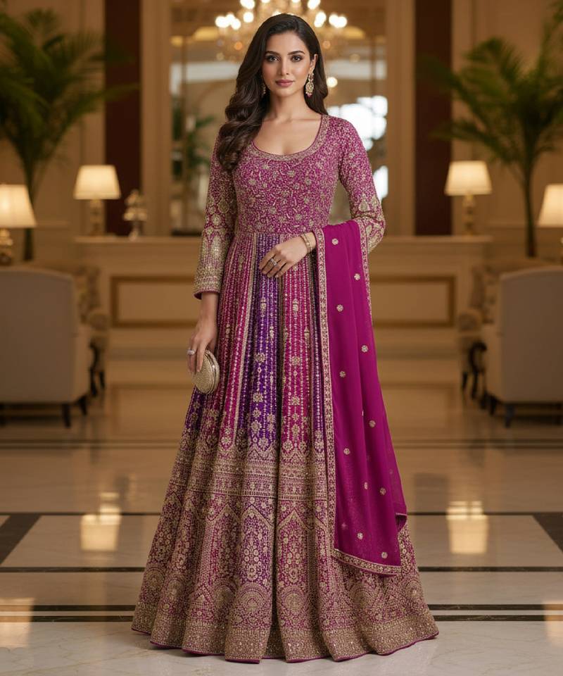 Luxury magenta embroidered faux georgette anarkali free size stiched kurta set with dupatta for women