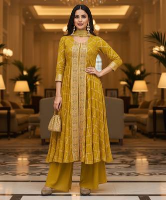 Yellow printed flared georgette free size stiched kurta palazzo set with dupatta for women 1