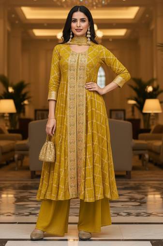 Yellow printed flared georgette free size stiched kurta palazzo set with dupatta for women