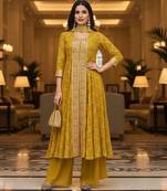 Yellow printed flared georgette free size stiched kurta palazzo set with dupatta for women