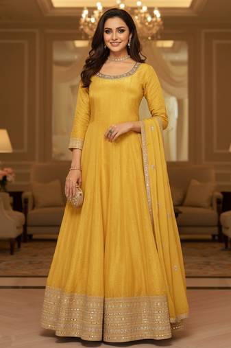 Yellow embroidered heavy viscose anarkali free size stiched kurta set with dupatta for women