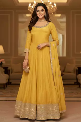 Yellow embroidered heavy viscose anarkali free size stiched kurta set with dupatta for women