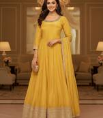Yellow embroidered heavy viscose anarkali free size stiched kurta set with dupatta for women