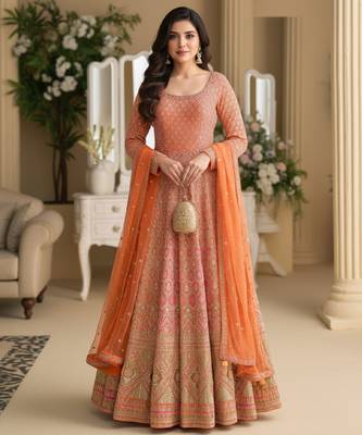 Luxury orange embroidered faux georgette anarkali free size stiched kurta set with dupatta for women 1