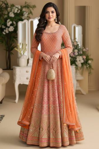 Luxury orange embroidered faux georgette anarkali free size stiched kurta set with dupatta for women