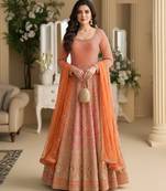 Luxury orange embroidered faux georgette anarkali free size stiched kurta set with dupatta for women