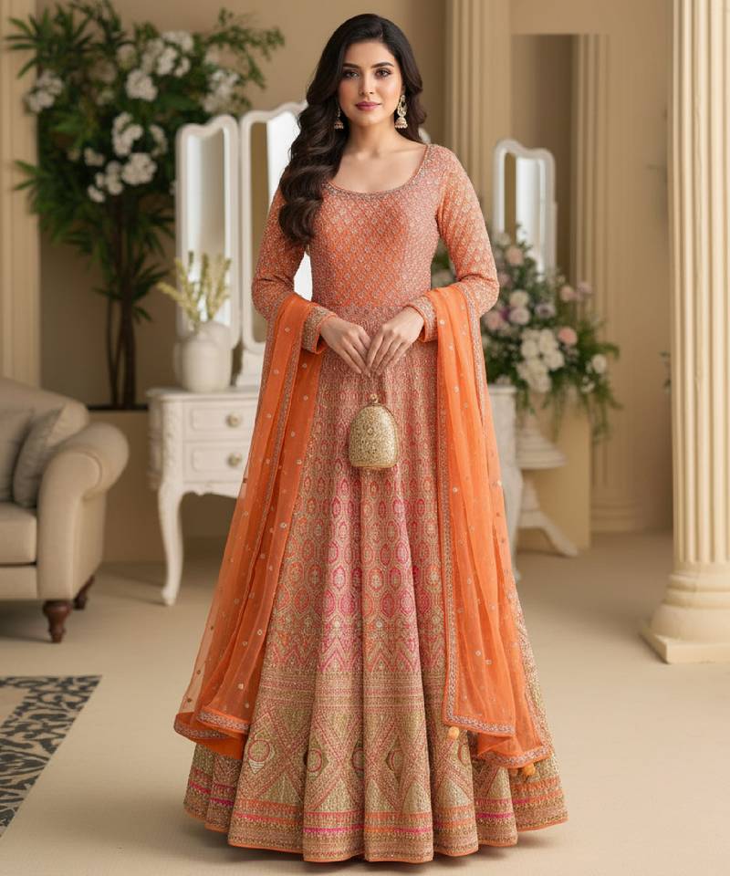 Luxury orange embroidered faux georgette anarkali free size stiched kurta set with dupatta for women