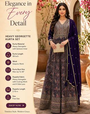 Elegant navy blue heavy georgette anarkali free size stiched kurta with dupatta for women 2