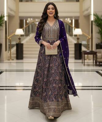 Elegant navy blue heavy georgette anarkali free size stiched kurta with dupatta for women 3