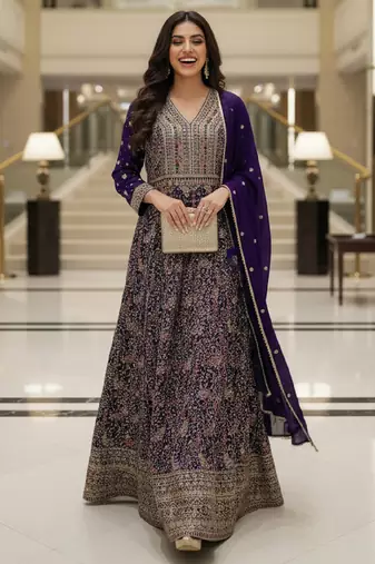 Elegant navy blue heavy georgette anarkali free size stiched kurta with dupatta for women