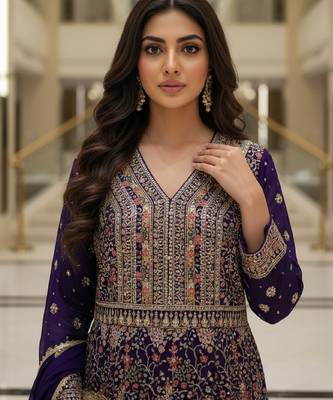 Elegant navy blue heavy georgette anarkali free size stiched kurta with dupatta for women 4