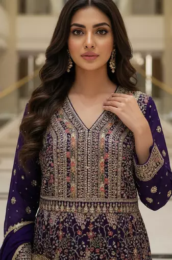Elegant navy blue heavy georgette anarkali free size stiched kurta with dupatta for women