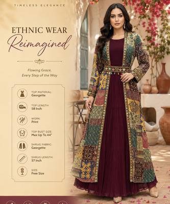 Designer maroon blooming georgette free size stiched top with long printed shrung for women 2