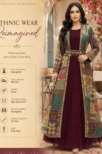 Designer maroon blooming georgette free size stiched top with long printed shrung for women