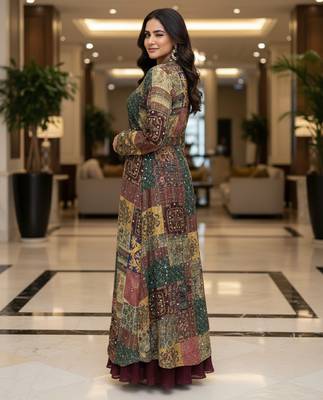 Designer maroon blooming georgette free size stiched top with long printed shrung for women 3
