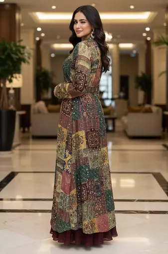Designer maroon blooming georgette free size stiched top with long printed shrung for women