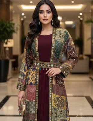 Designer maroon blooming georgette free size stiched top with long printed shrung for women 4