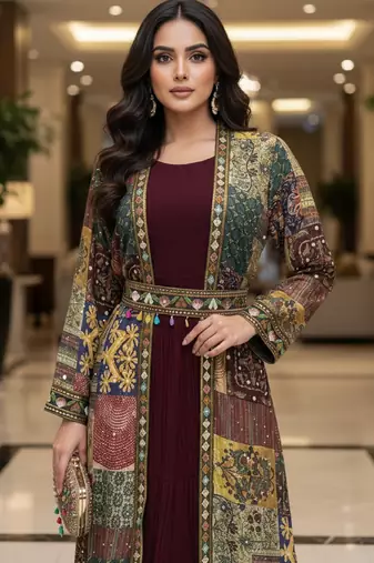 Designer maroon blooming georgette free size stiched top with long printed shrung for women