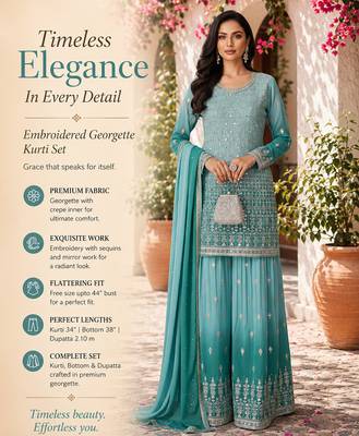 Blue embroidered georgette free size stiched kurta palazzo set with dupatta for women 2