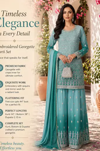 Blue embroidered georgette free size stiched kurta palazzo set with dupatta for women