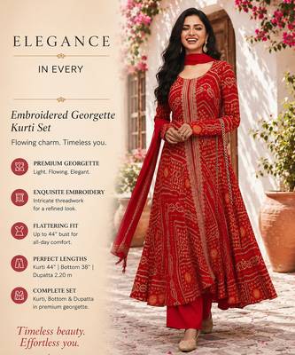 Red printed flared georgette free size stiched kurta palazzo set with dupatta for women 2