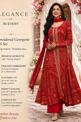 Red printed flared georgette free size stiched kurta palazzo set with dupatta for women