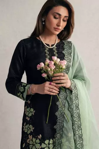 Black roman glass silk farshi suit with sequins & rivet moti