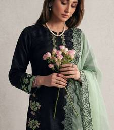 Black roman glass silk farshi suit with sequins & rivet moti