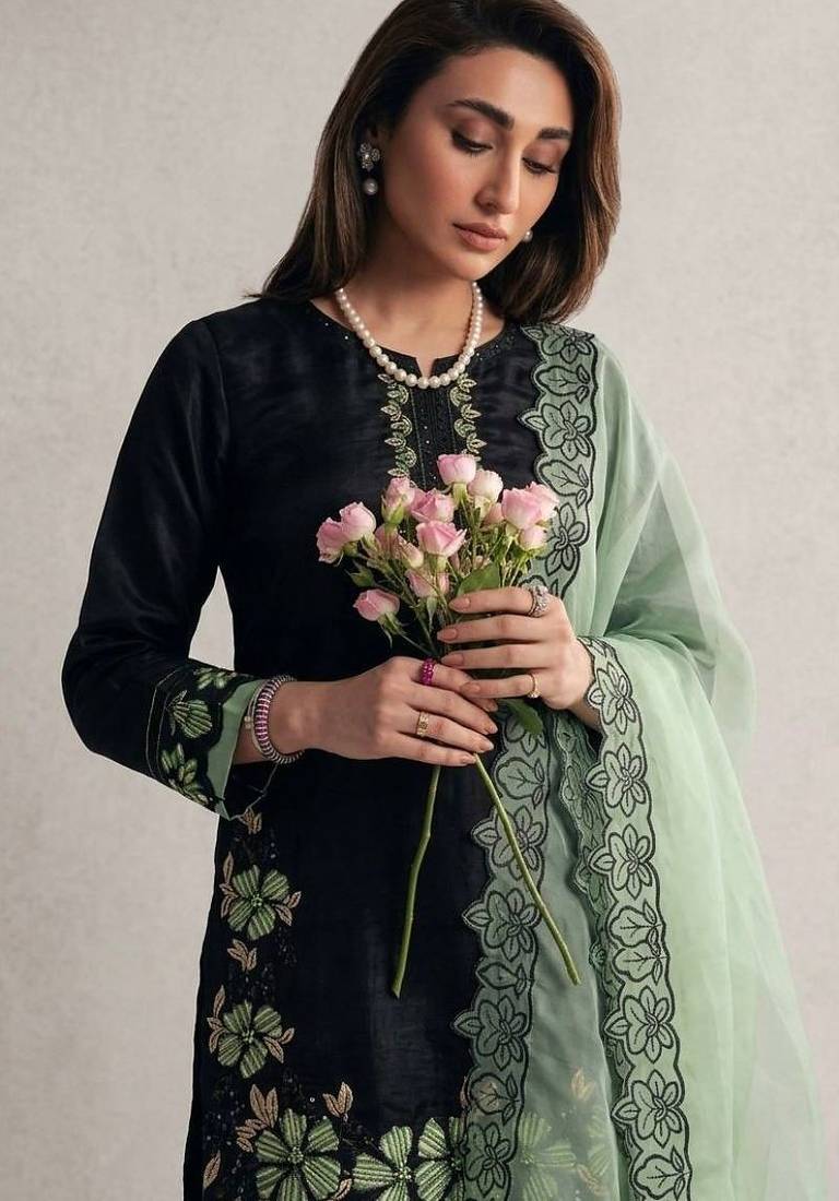 Black roman glass silk farshi suit with sequins & rivet moti