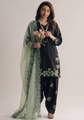 Black roman glass silk farshi suit with sequins & rivet moti 3