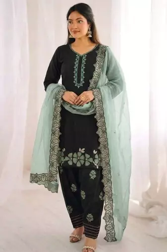 Black roman glass silk farshi suit with sequins & rivet moti