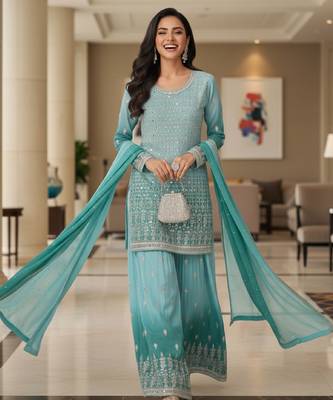 Blue embroidered georgette free size stiched kurta palazzo set with dupatta for women 3