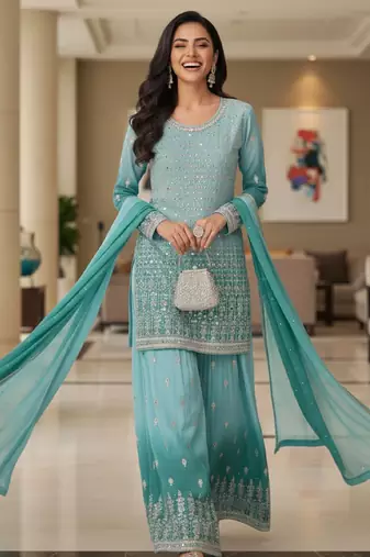 Blue embroidered georgette free size stiched kurta palazzo set with dupatta for women