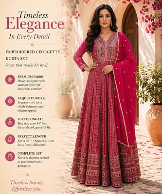 Elegant dark pink heavy georgette anarkali free size stiched kurta with dupatta for women 2