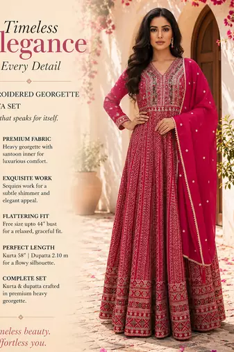 Elegant dark pink heavy georgette anarkali free size stiched kurta with dupatta for women