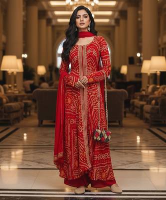 Red printed flared georgette free size stiched kurta palazzo set with dupatta for women 3