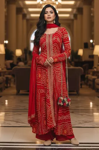 Red printed flared georgette free size stiched kurta palazzo set with dupatta for women
