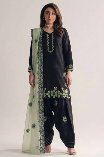 Black roman glass silk farshi suit with sequins & rivet moti
