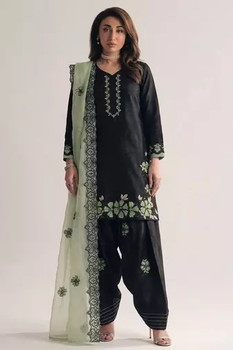 Black roman glass silk farshi suit with sequins & rivet moti