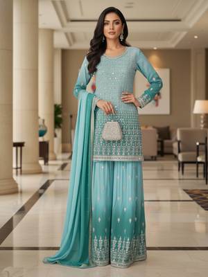 Blue embroidered georgette free size stiched kurta palazzo set with dupatta for women 4