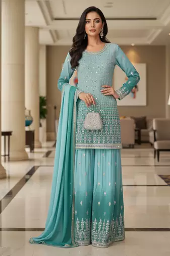 Blue embroidered georgette free size stiched kurta palazzo set with dupatta for women