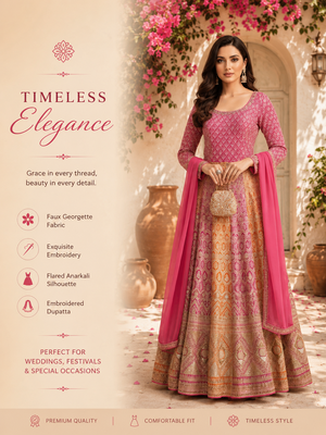 Luxury pink embroidered faux georgette anarkali free size stiched kurta set with dupatta for women 2