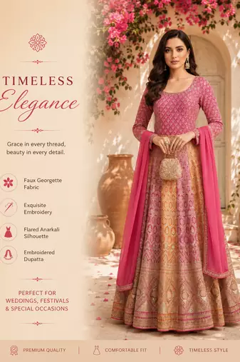 Luxury pink embroidered faux georgette anarkali free size stiched kurta set with dupatta for women