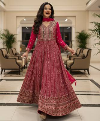 Elegant dark pink heavy georgette anarkali free size stiched kurta with dupatta for women 3