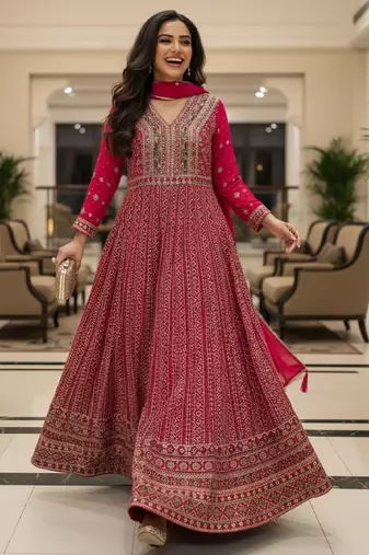Elegant dark pink heavy georgette anarkali free size stiched kurta with dupatta for women