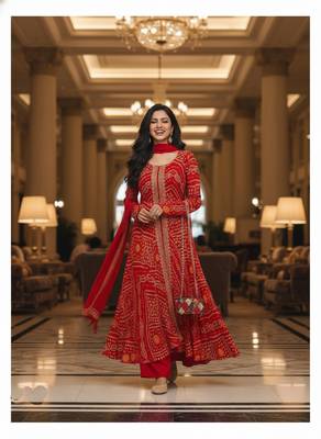 Red printed flared georgette free size stiched kurta palazzo set with dupatta for women 4