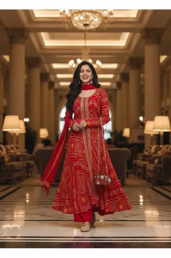 Red printed flared georgette free size stiched kurta palazzo set with dupatta for women