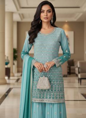 Blue embroidered georgette free size stiched kurta palazzo set with dupatta for women 5