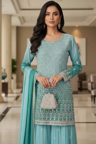 Blue embroidered georgette free size stiched kurta palazzo set with dupatta for women