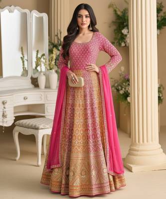 Luxury pink embroidered faux georgette anarkali free size stiched kurta set with dupatta for women 3